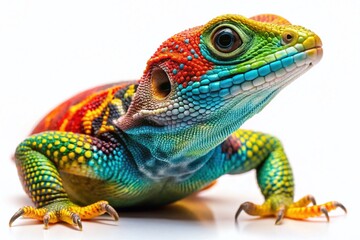 Fototapeta premium Colorful lizard isolated on a white background showcasing intricate patterns and unique textures