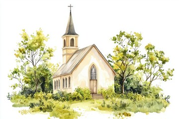 Naklejka premium A serene watercolor painting of a charming church surrounded by lush greenery and trees, evoking peace and tranquility.