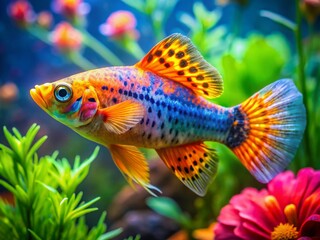 Fototapeta premium Colorful Molly Aquarium Fish Swimming Gracefully in a Vibrant Freshwater Aquarium Setting