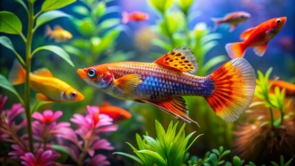 Fototapeta premium Colorful Molly Fish Swimming in Clear Water with Vibrant Aquatic Plants in a Natural Aquarium Setting