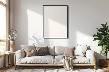 Bright living room featuring a cozy white sofa with decorative pillows, a plush blanket, and a blank frame ready for artwork.