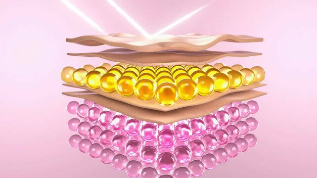 3D graphic template for sunscreen advertisement showing skin cells protective by sunscreen, light rays shining in and being reflected back, the process of blocking UV rays from penetrating