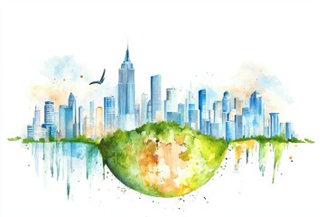 Obraz premium A vibrant watercolor illustration depicting a city skyline above a green globe, symbolizing urban life and nature harmony.