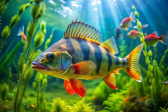 Colorful Pearch Fish Swimming Gracefully in Clear Freshwater with Lush Underwater Vegetation