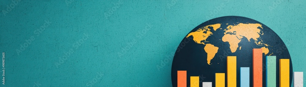 Poster a globe with colorful bar charts representing global data and statistics on a turquoise background.