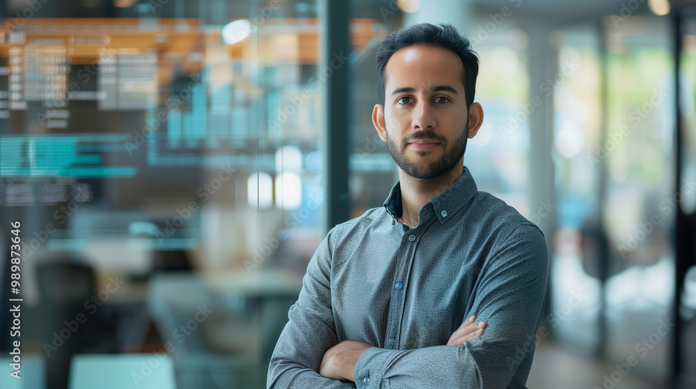 Poster portrait of a male data scientist standing in modern office with virtual display of data layers in b