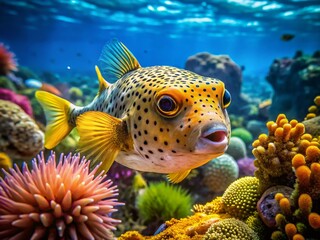 Obraz premium Colorful Puffed Up Puffer Fish Swimming Gracefully Underwater in a Coral Reef Environment