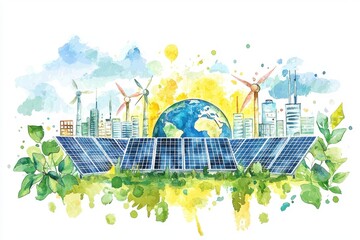 A vibrant watercolor illustration showcasing renewable energy with solar panels, wind turbines, and a globe amidst greenery.