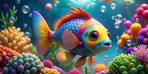 Fototapeta premium Colorful Rainbow Fish Cartoon Character in Vibrant Underwater Scene with Coral and Bubbles