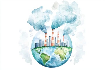 A watercolor illustration depicting pollution with smokestacks on a globe, highlighting environmental challenges and climate issues.