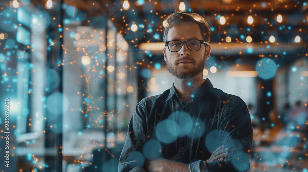 Poster portrait of a male data scientist standing in modern office with virtual display of data layers in b