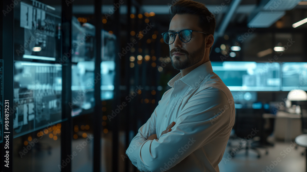 Poster portrait of a male data scientist standing in modern office with virtual display of data layers in b