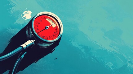 A close-up of a pressure gauge with a red dial, indicating measurement.