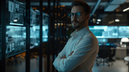portrait of a male data scientist standing in modern office with virtual display of data layers in background