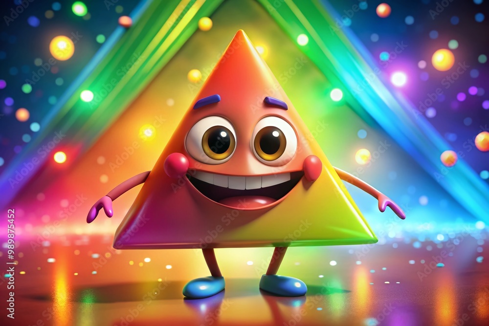 Poster colorful triangle cartoon character with a playful expression on a bright background for fun themes
