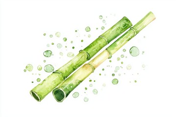 Vibrant watercolor illustration of bamboo stalks with green hues, showcasing nature's beauty and tranquility.