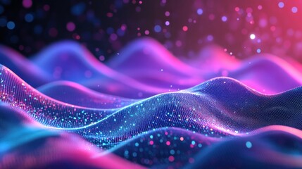 Abstract hologram wave of particles, smoothly transitioning in a vibrant gradient for a futuristic tech wallpaper.