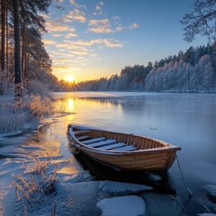 Obraz premium First Rays of Sunlight on a Frozen Snow-Covered Lake