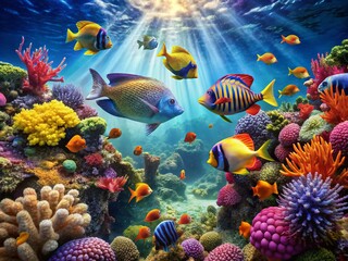 Naklejka premium Colorful tropical fish swimming in a vibrant underwater scene with coral reefs and sea plants