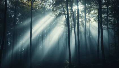 Naklejka premium Tall, misty trees with sunlight streaming through the branches, creating a magical and mysterious forest atmosphere