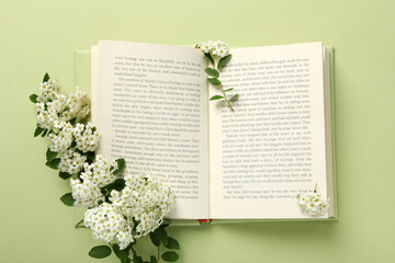 Aesthetics of books with flowers on a light background.