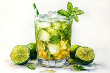Fototapeta premium A refreshing mojito cocktail with lime and mint in a glass with ice.