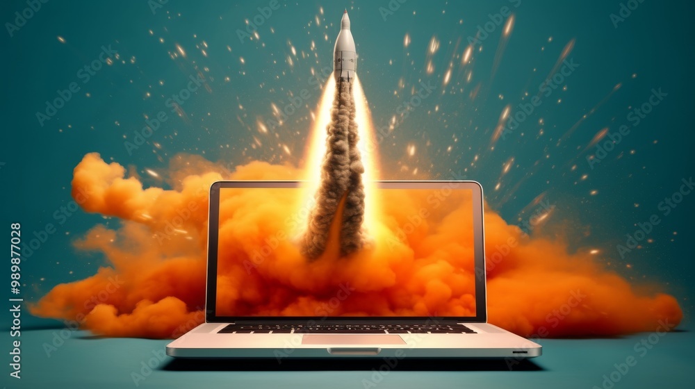 Poster a laptop computer is shown with a rocket launching from it