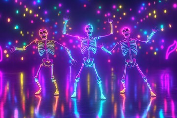 Three animated neon skeletons dance joyfully on a shiny floor filled with vibrant lights, creating a festive atmosphere for all
