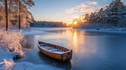 First Rays of Sunlight on a Frozen Snow-Covered Lake