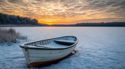 First Rays of Sunlight on a Frozen Snow-Covered Lake