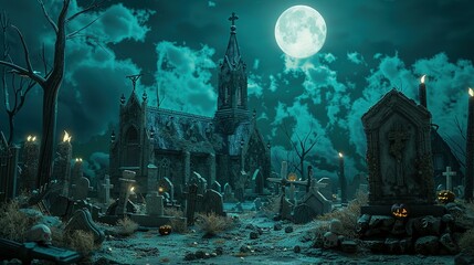 A Graveyard Under a Full Moon with a Church in the Background