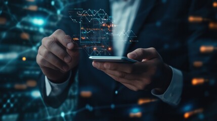 Fototapeta premium Businessman completing a financial transaction via smartphone, utilizing digital wallet and blockchain technology for mobile banking and global business.