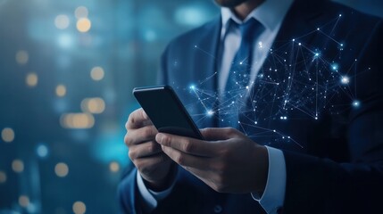 Businessman completing a financial transaction via smartphone, utilizing digital wallet and blockchain technology for mobile banking and global business.