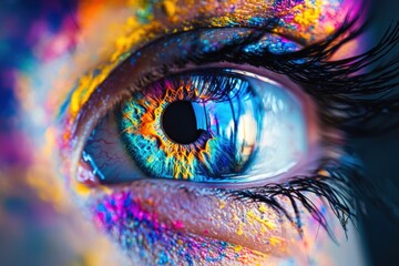 A vibrant and colorful close-up of an eye, showcasing stunning details with bright hues and artistic paint effects.