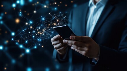 Businessman holding a smartphone for digital wallet transactions, utilizing blockchain and mobile banking technology for secure global payments.