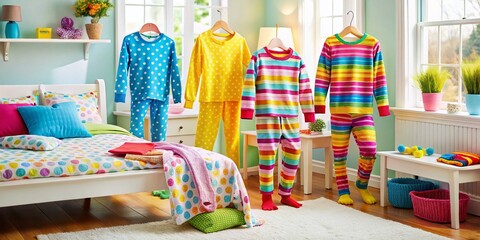 Naklejka premium Cozy and Colorful Kids Pajamas for a Fun Sleepover or Bedtime Routine in a Bright Bedroom Setting
