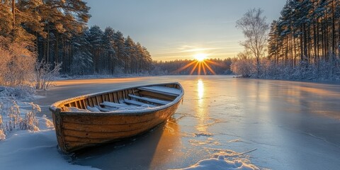 First Rays of Sunlight on a Frozen Snow-Covered Lake