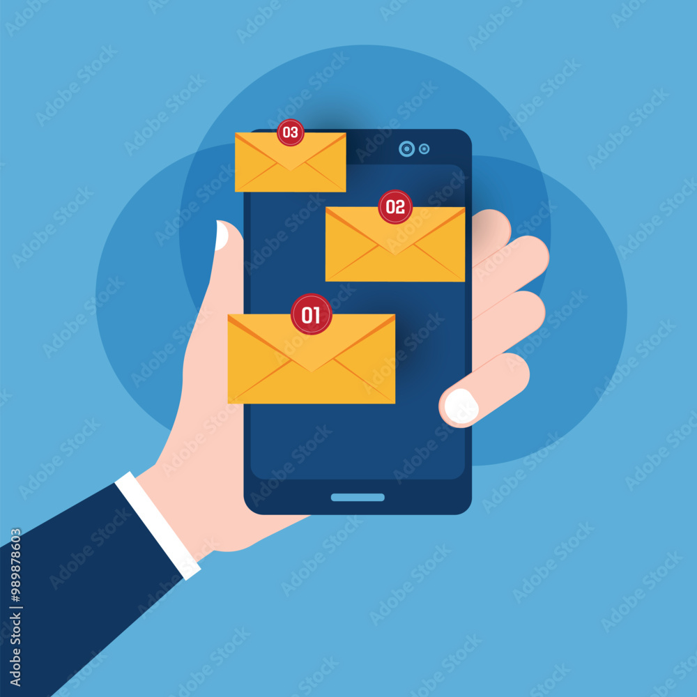 Poster new mail notification on a screen. yellow envelope on smartphone screen. hand holds phone with incom