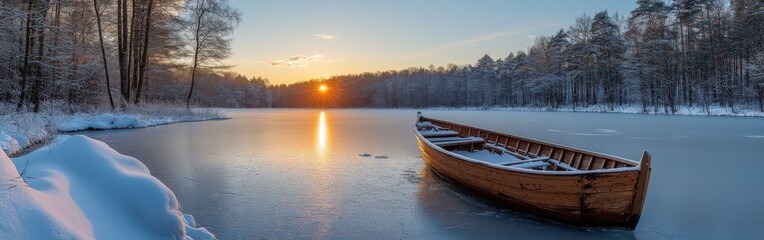 Obraz premium First Rays of Sunlight on a Frozen Snow-Covered Lake