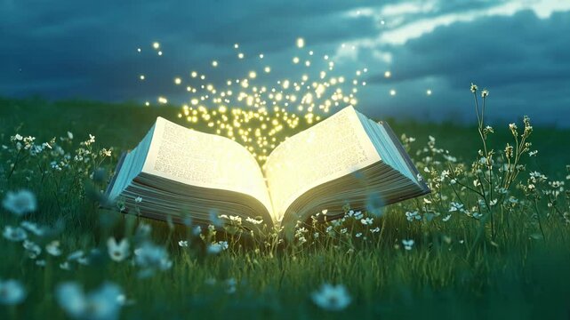 Open book rests in a grassy field, releasing glowing sparkles into the night sky. The enchanting scene evokes a sense of wonder and tranquility amidst nature's beauty