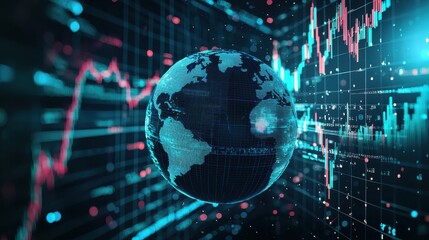 An abstract representation of the globe with data visualization elements, illustrating global connectivity and market dynamics.