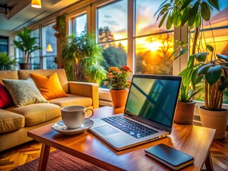 Fototapeta premium Cozy Home Office Setup with a Laptop on Lap for Remote Work and Productivity in Comfort Zone