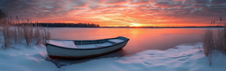 Naklejka premium First Rays of Sunlight on a Frozen Snow-Covered Lake