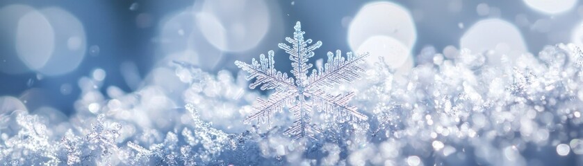 Captivating snowflake resting on pristine snow, featuring shimmering ice crystals and soft blue background, perfect for winter themes.