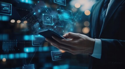 Fototapeta premium Businessman making a mobile payment using smartphone and digital wallet, powered by blockchain technology for secure financial operations.