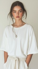 woman wearing white top shorts necklace portrait clothes short torso cap looking shoulder talented