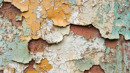 Close-up of an abstract wall with peeling paint in textured layers of colors, showcasing a vintage and rustic aesthetic.