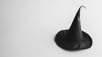 Fototapeta premium Simple and elegant black witch hat with a pointed tip, placed centrally on a plain white background. Halloween, spooky, haunted concept.