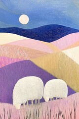 two sheep grazing field full background organic shapes violet skin inspiring hillside pale pastel colors soft shadows face classic illustrations