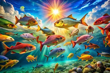 Naklejka premium Crystal Clear Fish Swimming Gracefully in a Serene Aquatic Environment Under Bright Sunlight